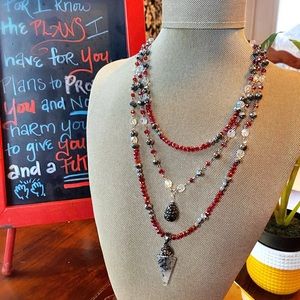Handmade Layered Red and Black Beaded Necklace